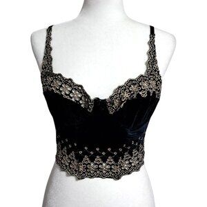 Vintage 1999 Victorias Secret Black Velvet Longline Bra 34C Gold Floral Embroide